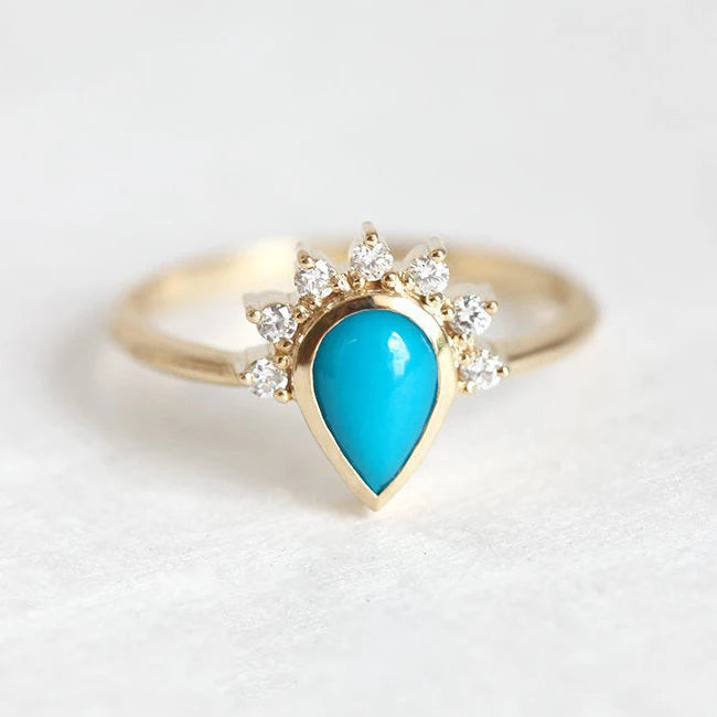 Women Natural Turquoise Jewelry 925 Sterling Silver Rose Gold Western Pear Real Turquoise Rings