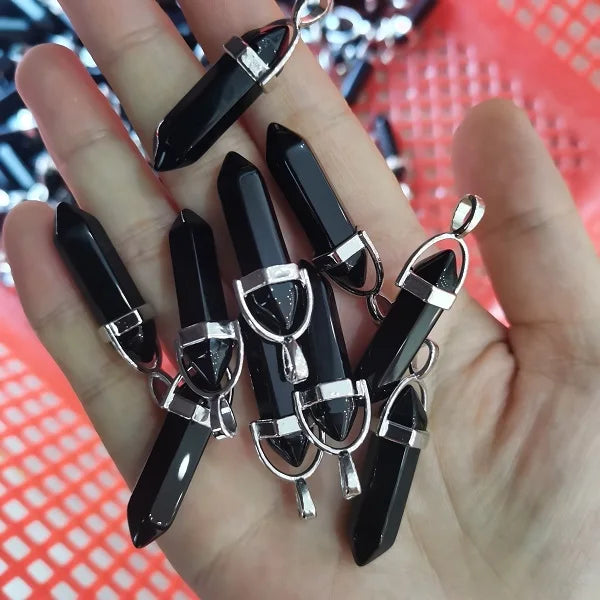Back Obsidian Double Points Pendant Hexagon Gemstone Necklace Bullet Shape Crystals Pendants