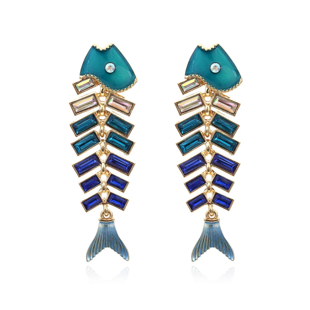 Exaggerated Celebrity Style Fashionable Simple Enamel Crystal Personalized Painted Tropical Fish Bone Earrings