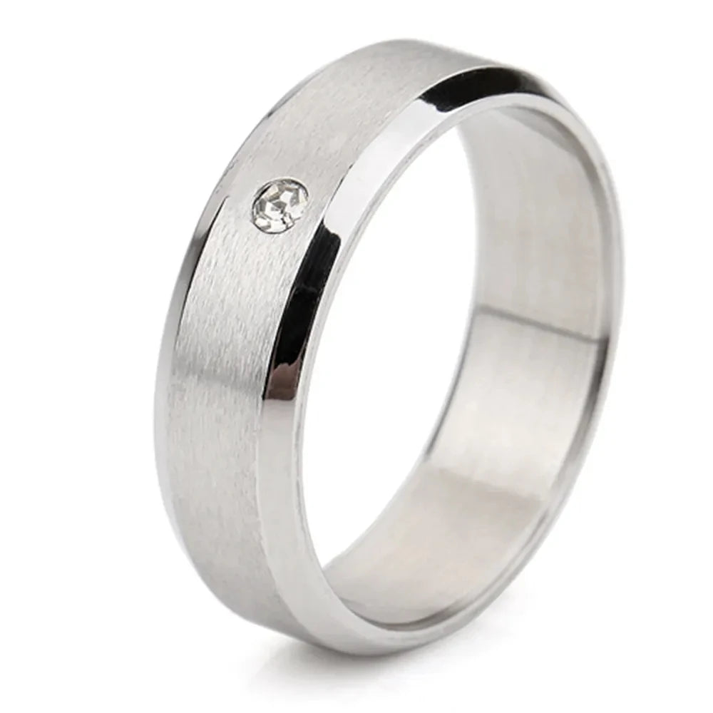 Wholesale Stainless Steel Jewelry Supplier Women Men Rings Silver Color Brushed Cubic Zircon Diamond Wedding Band Ring