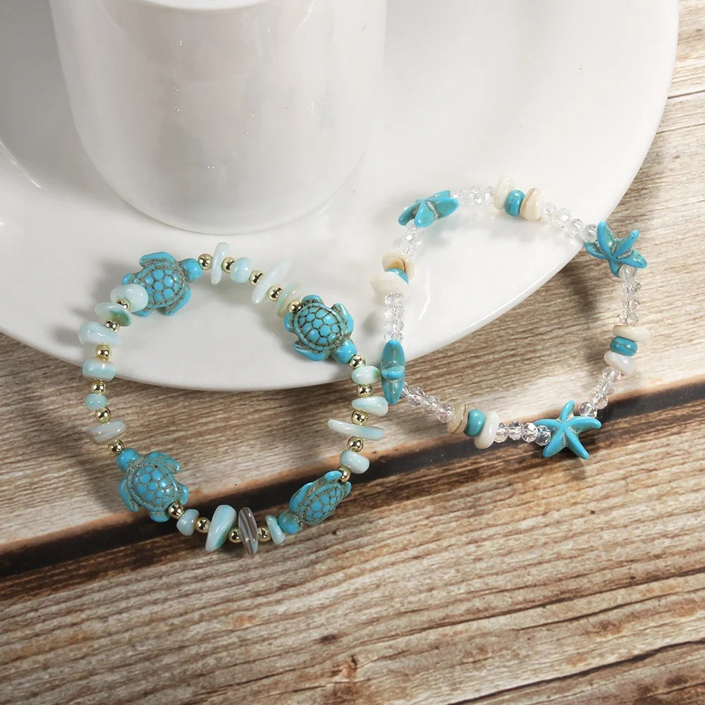 Wholesale Summer Vacation Women Custom Ocean Jewelry Shell Animal Turtle Bracelet Sea Star Turtle Glass Bead Elastic Bracelet