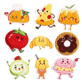 New Arrival Cartoon Food Theme Bread Pizza Cookies Embroidery Self-adhesive Chenille Patches for Bag Hat