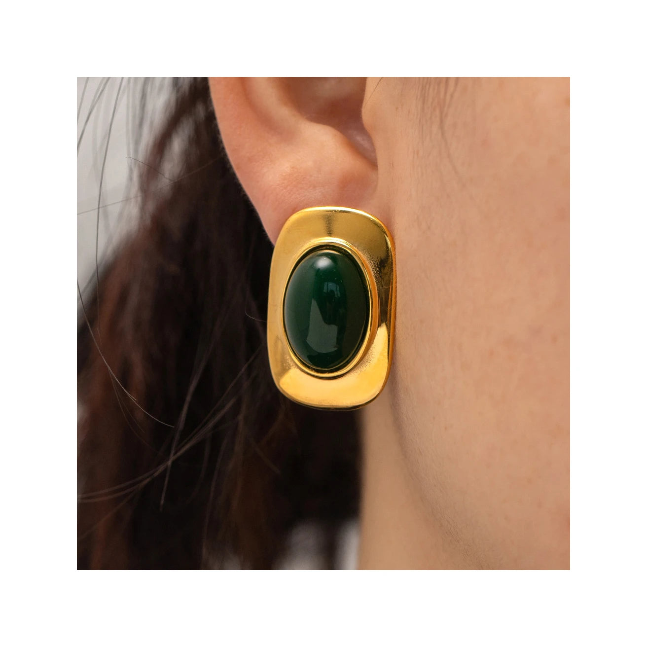 Waterproof Stainless Steel 18 K Gold Plated Fashion Jewelry Natural Gemstones Green Cat Eye Opal Shape Inlaid Stud Earring