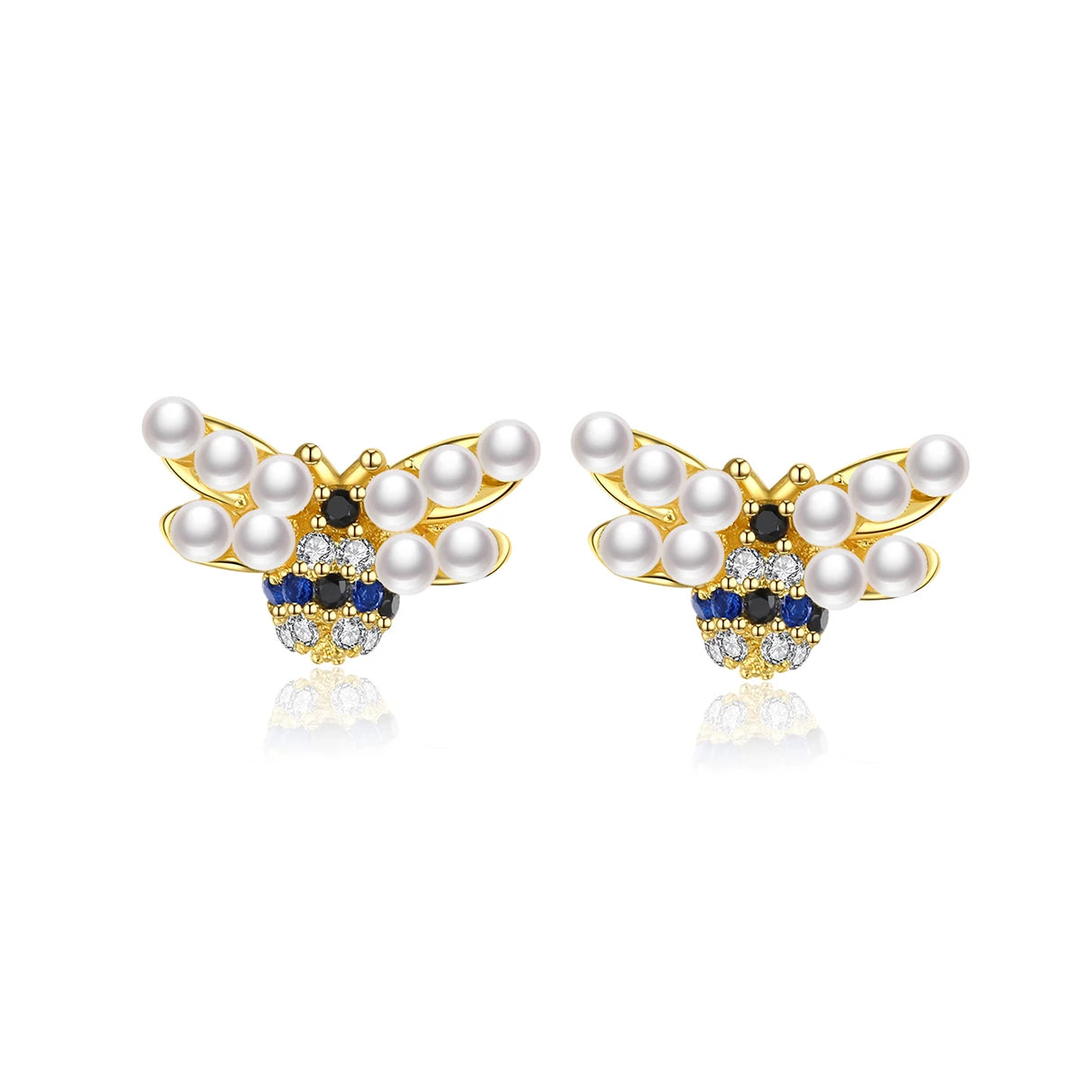 LUOTEEMI Cute Mini Animal Series Jewelry 18K Gold Plated Cubic Zirconia Pearl Bee Earrings Stud for Girls