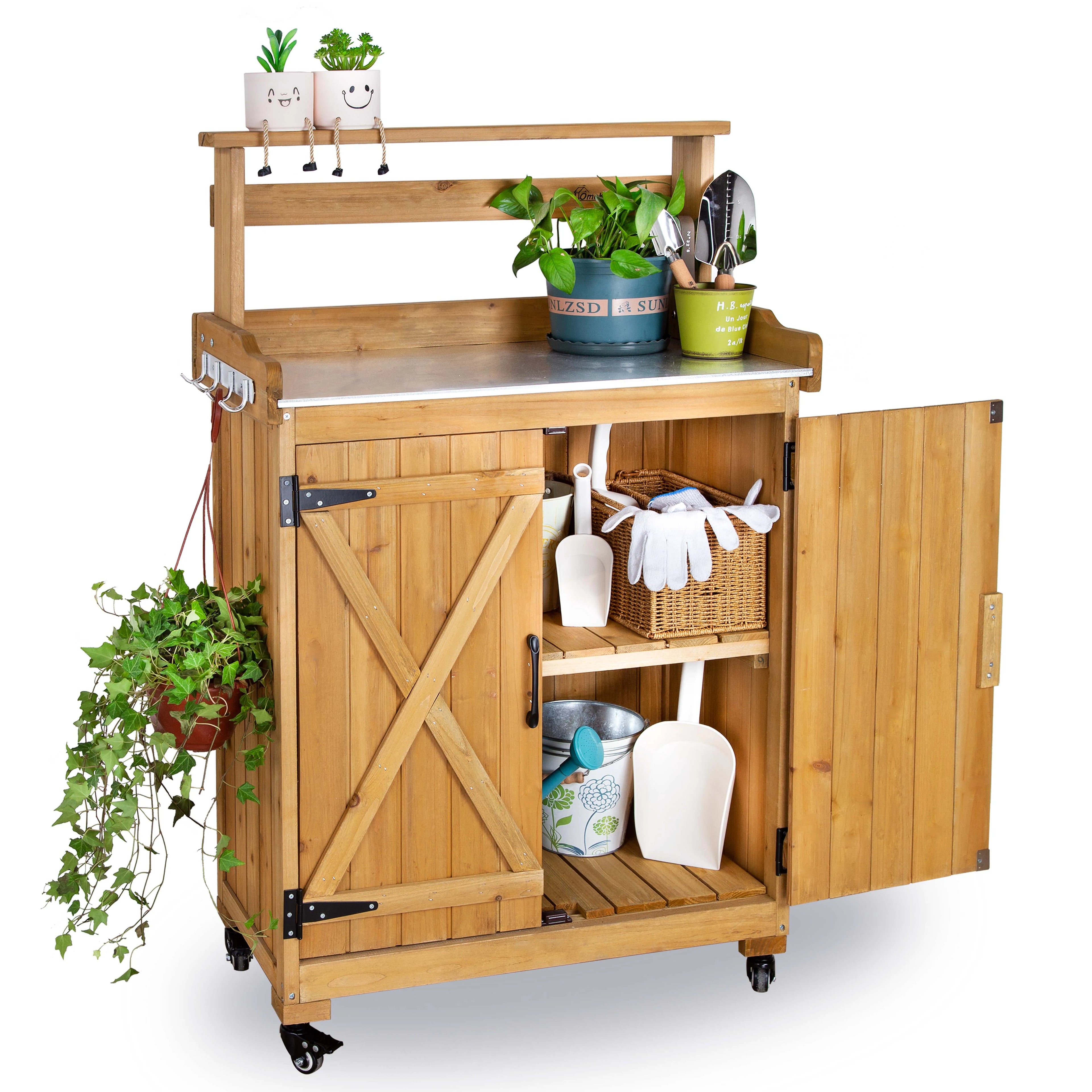 New Trend Fir Wood Storage 2 Shelves Cabinet Outdoor Garden Sheds Storage Container with Wheel