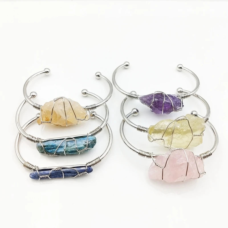 Trendy Hot Sale Natural Crystal Raw Quartz Gemstone Bracelet Open Gold Plated Stone Jewelry Energy Couple Bracelet Adjustable