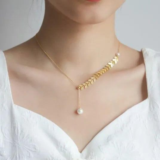 Wholesale Delicate Jewelry Gold Vermeil Pure S925 Sterling Silver Ear of Wheat Bracelet Chain With Shell Pearl Choker Necklace
