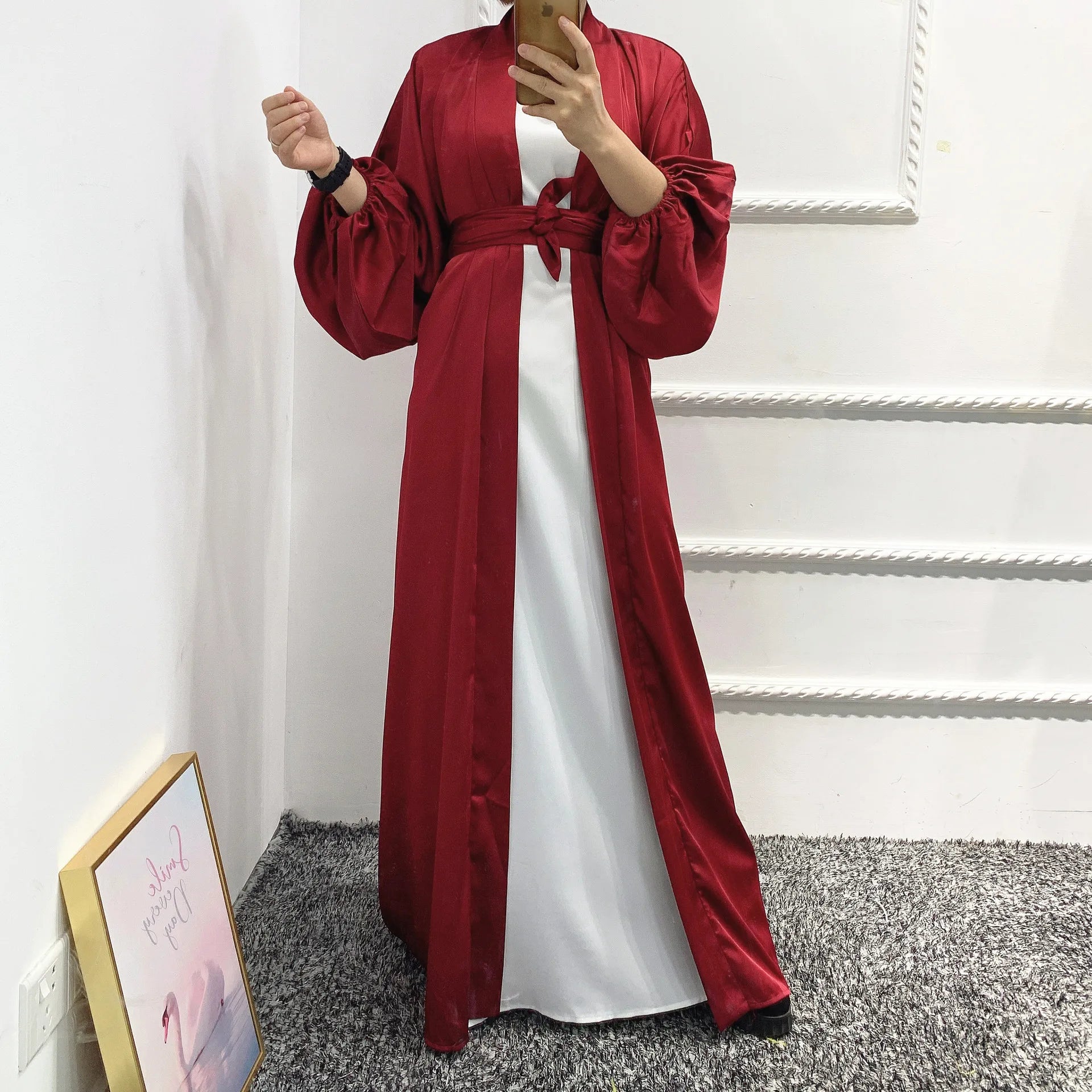 Islamic Polyester Abaya Casual Burkha Muslim Women Open Long Dress with Elastic Cuffs Midweight