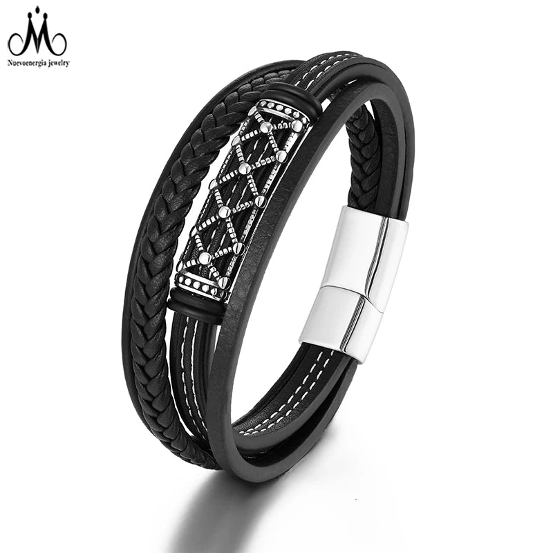 Fashion Man Leather Jewelry Custom Multi-strand Leather Bracelet Stainless Steel Genuine Wrap Leather Bracelet for Man