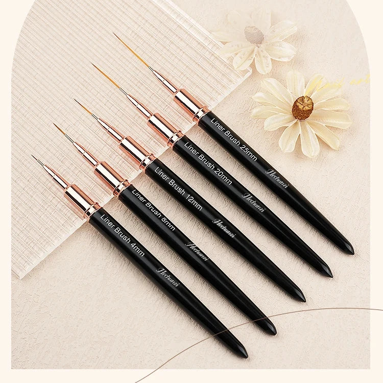 Hechunzi Private Label 4 8 12 20 25mm Gel Nail Art Tools Liner Brushes 5 Pieces Set With Nylon Metal Handle