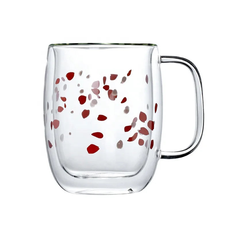High Quality 350ml Double Wall Insulated Glass Cup Cherry Blossom Pattern Design for Coffee Milk Tea Drink Gift for Girls