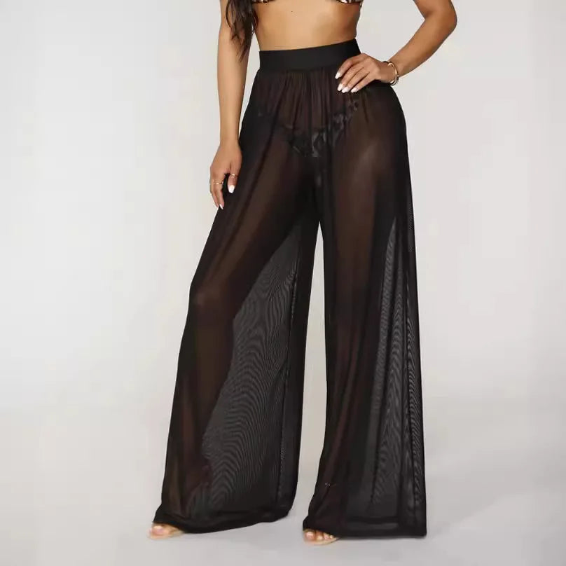 Women See Through Boho Wide Leg High Waist Trousers Beach Long Loose Mesh Sheer Pants Bikini Bottom Cover-Up Beachwear