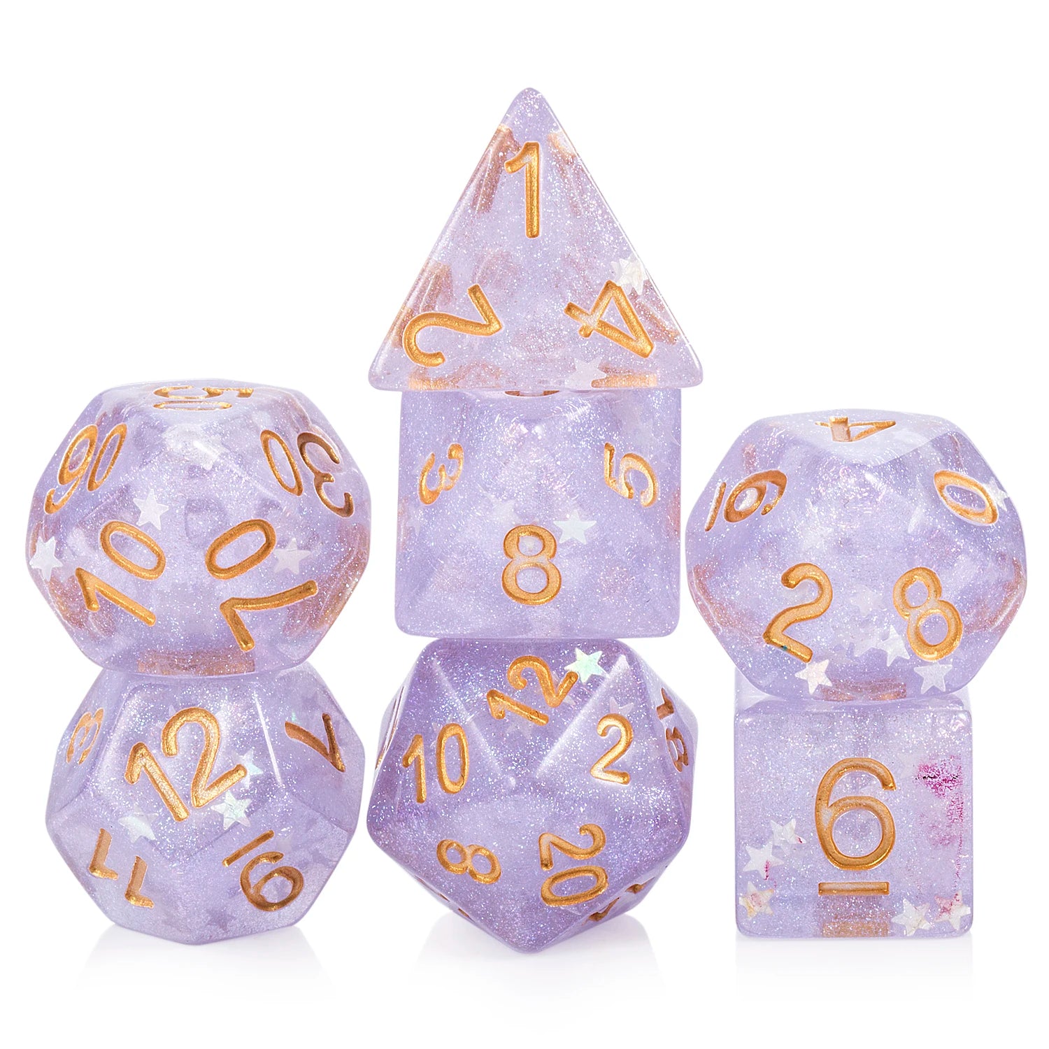 DNDND 7-Piece Polyhedral Resin Gold Glitter Dice Set with PE Bag 16mm Size Square Shape for D&D & Role Playing Games