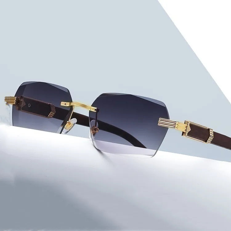 Custom Logo Diamond Cut Sunglasses Luxury Men Sunglasses Rimless Square Wood Color Small Sunglasses Women Shade Glasses