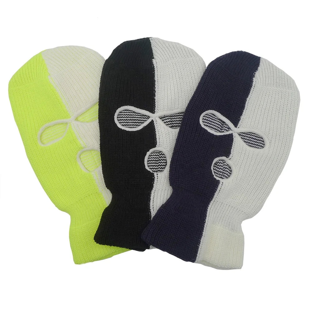 Customized Style Spliced Face Ski Mask 3-Hole Multicolor Acrylic Knitted Balaclava Two Tone Beanie-for Sports Fishing Adult Size