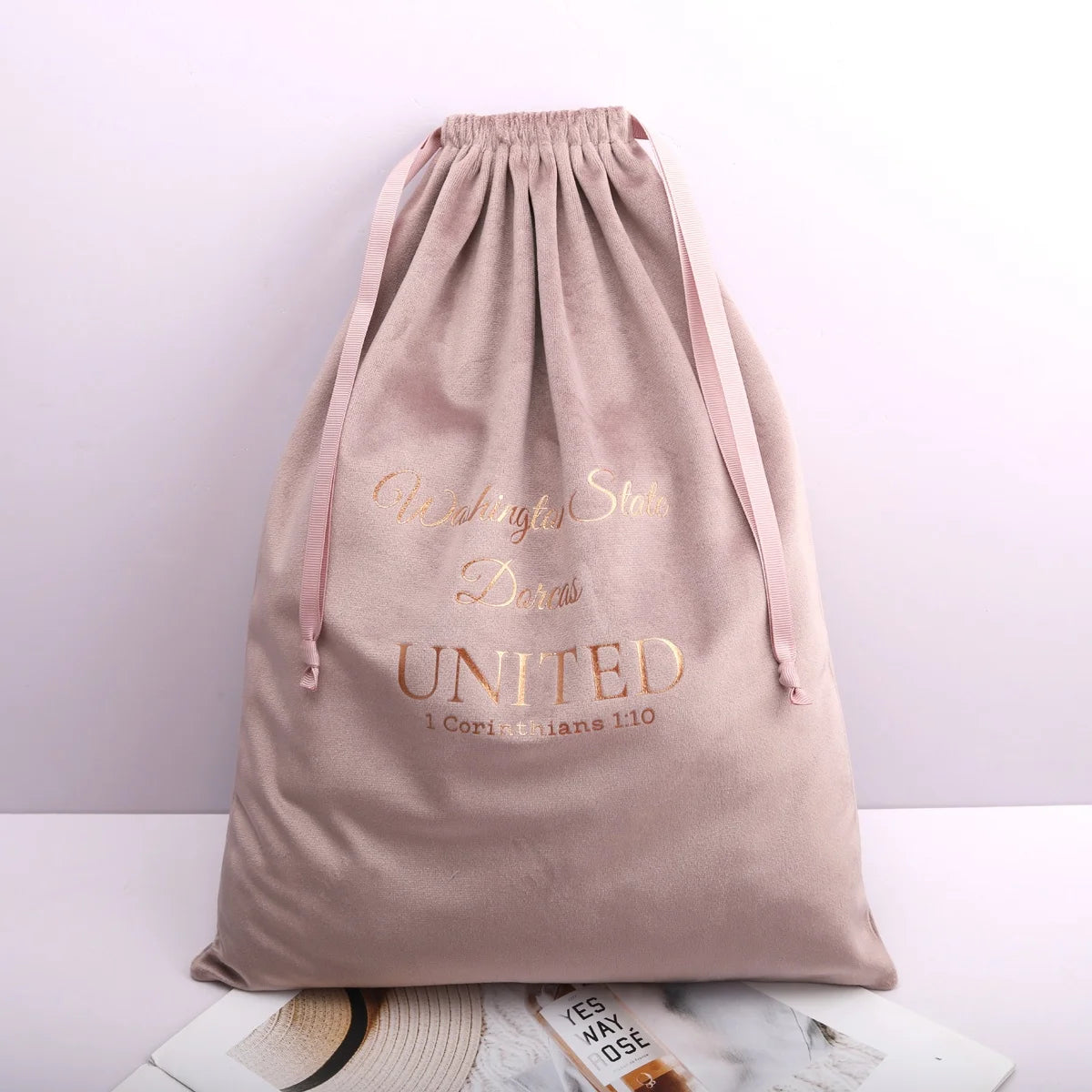 Custom Logo Printed Pink Velvet Drawstring Bag for Hair Extension Reusable Luxury Shoe Clothes Packing Dust Velvet Pouch
