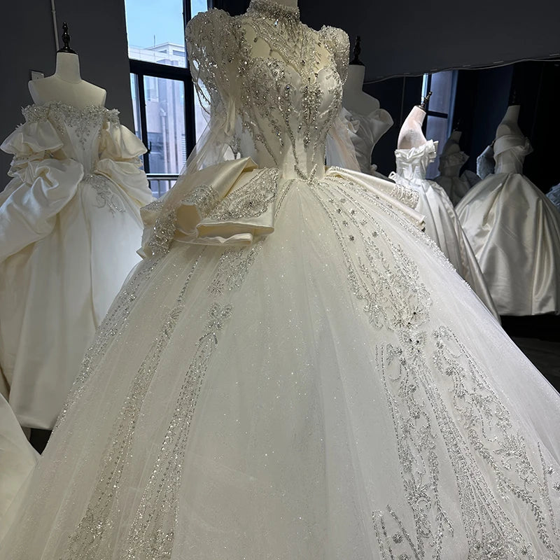 White Modern Ball Gown Wedding Dress XS004 Beautiful Princess Long Sleeves Sweetheart Neck Tiered Glitter Lace Mother Bride