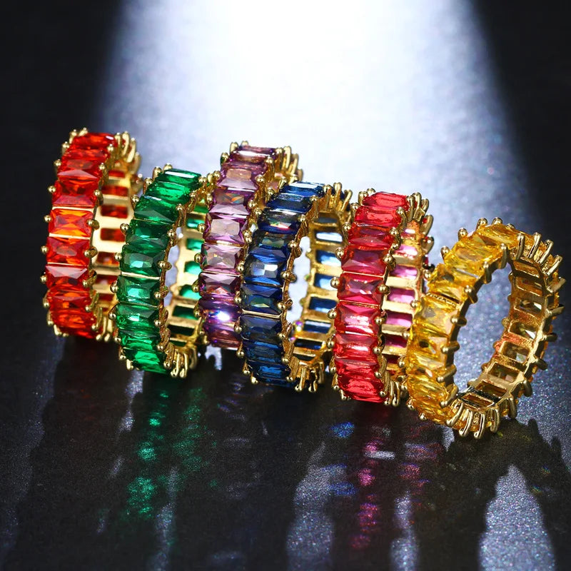 Real 18k Gold Plated Multicolor Zircon Band Rings Colored Rectangle Cubic Zirconia Finger Rings for Women