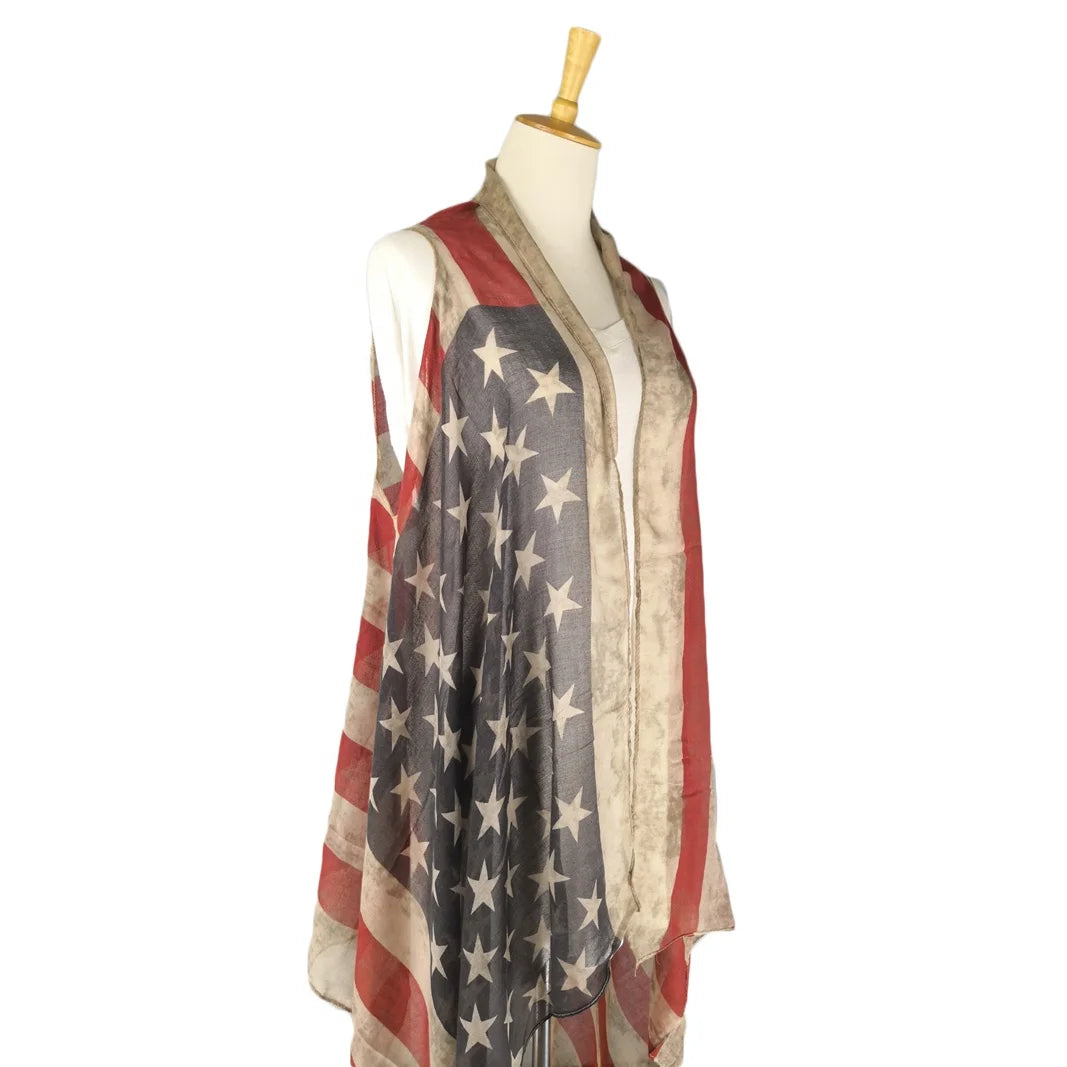 MIO USA Flag Kimono American Flag Patriotic Shawl Wrap July 4th Stars Stripes Open Kimono Cardigan Long Vest Scarf Shawl Women