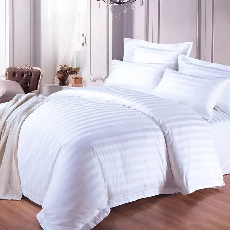Hotel Style White Stripe Bed Sheet Set Super King Size Duvet Cover Pillowcase 100% Cotton for Suitable for Hotel or Resort Use
