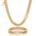 Unisex 10mm Cuban Link Necklace Micro Pave CZ Diamond Clasp Stainless Steel Chain Gold Plated Jewelry for Men and Women's Gift