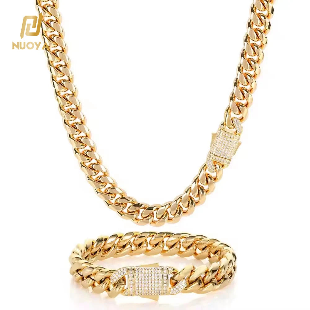 Unisex 10mm Cuban Link Necklace Micro Pave CZ Diamond Clasp Stainless Steel Chain Gold Plated Jewelry for Men and Women's Gift