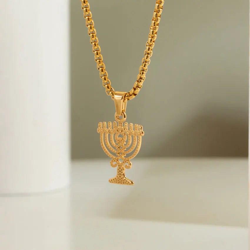 18K Gold Menorah Jewsih Necklace Stainless Steel Menorah Candlestick Charms Pendant Punk Box Link Necklace Jewelry