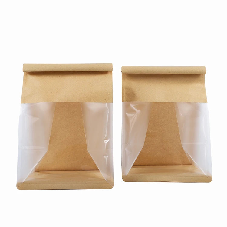 Coating Crimped Brown White Kraft Paper Plastic Bread Packaging Bags with Windows and Wire Sealed Self Adhesive Pouch