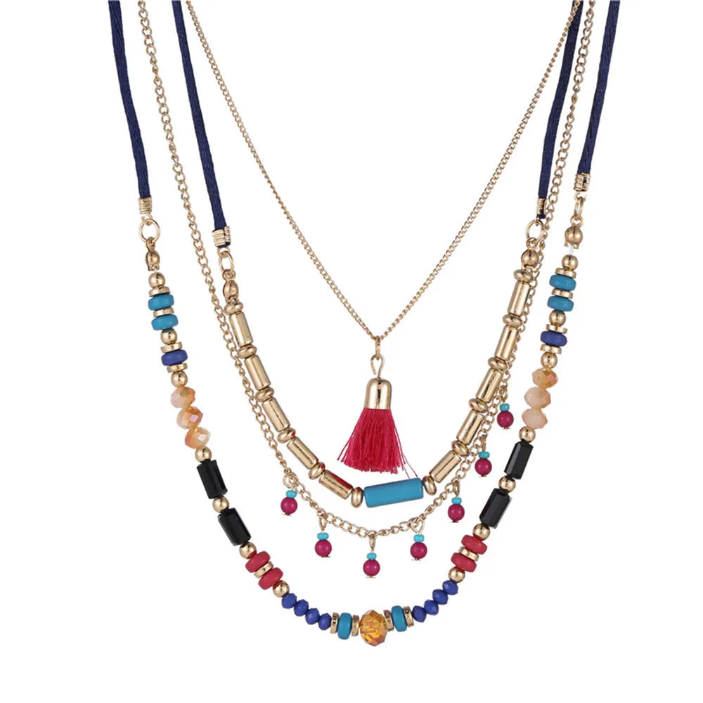 DUYIZHAO Hot Sales Bohemian Fashion Jewelry Ethnic Multi-layer Bead Chain Tassel Pendant Holiday Necklace for Women Wholesale