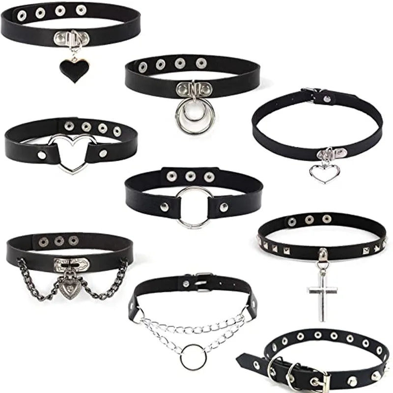 Fashion Cosplay Punk Gothic PU Leather Collar Heart Round Spike Collar Choker Necklace Body
