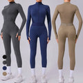 Women's Full Zip up Long Sleeve Yoga Jumpsuit Knee Knitting Sports Outfits Tummy Control Mesh Patchwork One Piece Workout Romper
