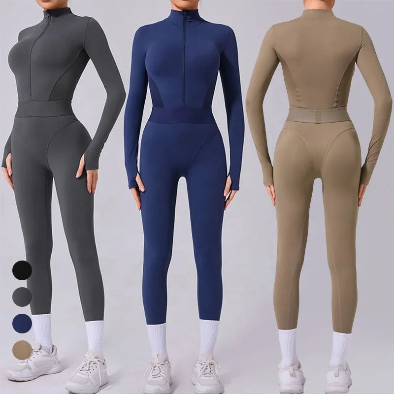 Women's Full Zip up Long Sleeve Yoga Jumpsuit Knee Knitting Sports Outfits Tummy Control Mesh Patchwork One Piece Workout Romper