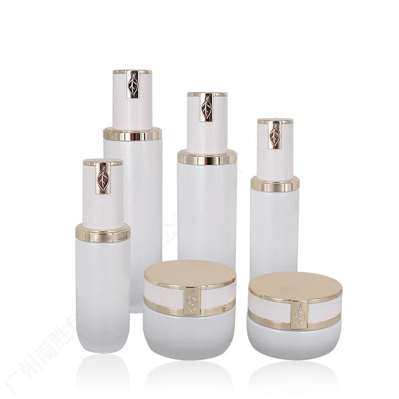 Custom logo 30g 50g 40ml 100ml 120ml White Glass Bottle with White Leaf Cap for Personal Care Cosmetic Package Container