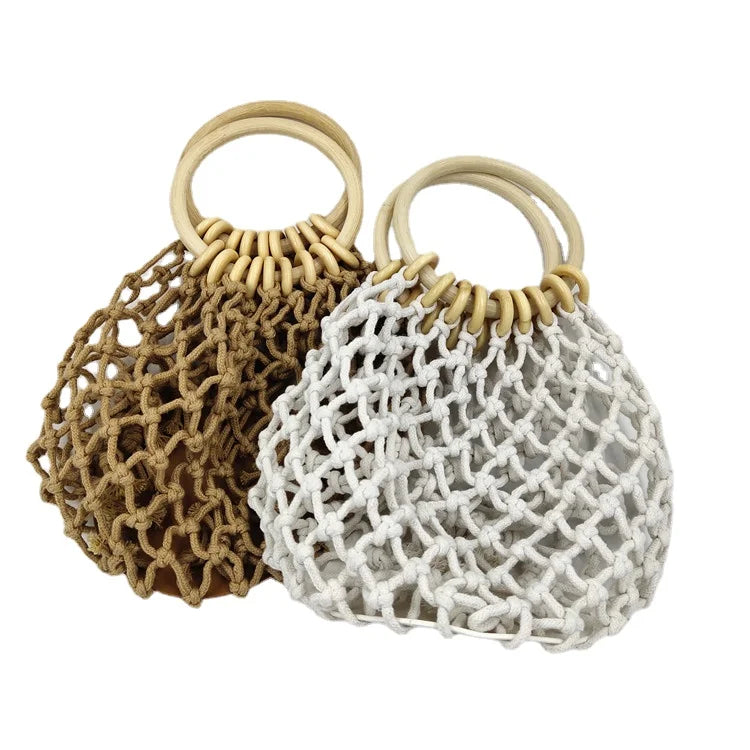 2024 Eco-friendly Natural Cotton Rope Woven Straw Beach Bag Fashion Summer Bag Two Handles Letter Decoration Hollow Beach Bag