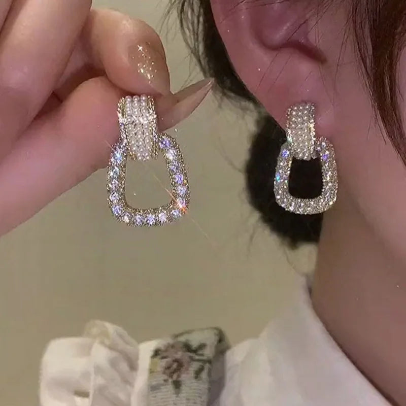 Full Diamond Luxury Jewelry Pearl Earring Square Geometric Rhinestone Crystal Shining Huggie Earring for Woman Girls