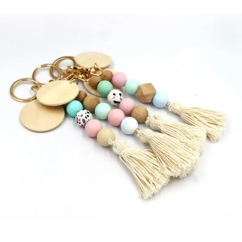 Tassel Silica Gel Beads Wooden Beads Keychain Round Wood Disc Macrame Tassel Bag Charm Pendant Silicone Beads Keychain