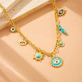 18k Gold Waterproof Flower Heart Pendant Chunky Necklace Women Jewelry Stainless Steel Green Turquoise Evil Eyes Boho Necklace