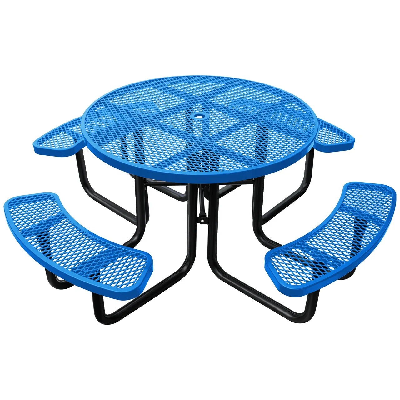 Outdoor Commercial Grade Metal Round 8-Person Outside Patio Furniture Durable Expanded Steel Picnic Table With 4 Benches