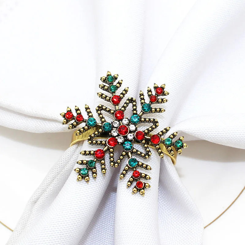Elegant Christmas Metal Napkin Holder and Rings Colorful Rhinestone Snowflake Design for Party Table Decoration