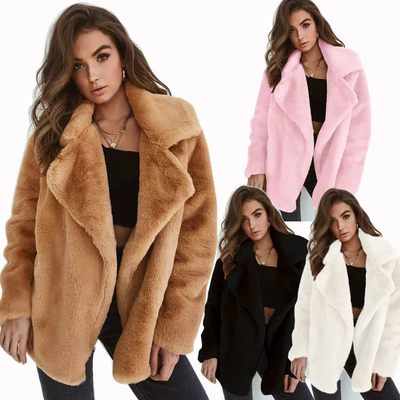Wish Best Sell Women Winter Warm Coat Brown Turn-down Collar Plush Coat