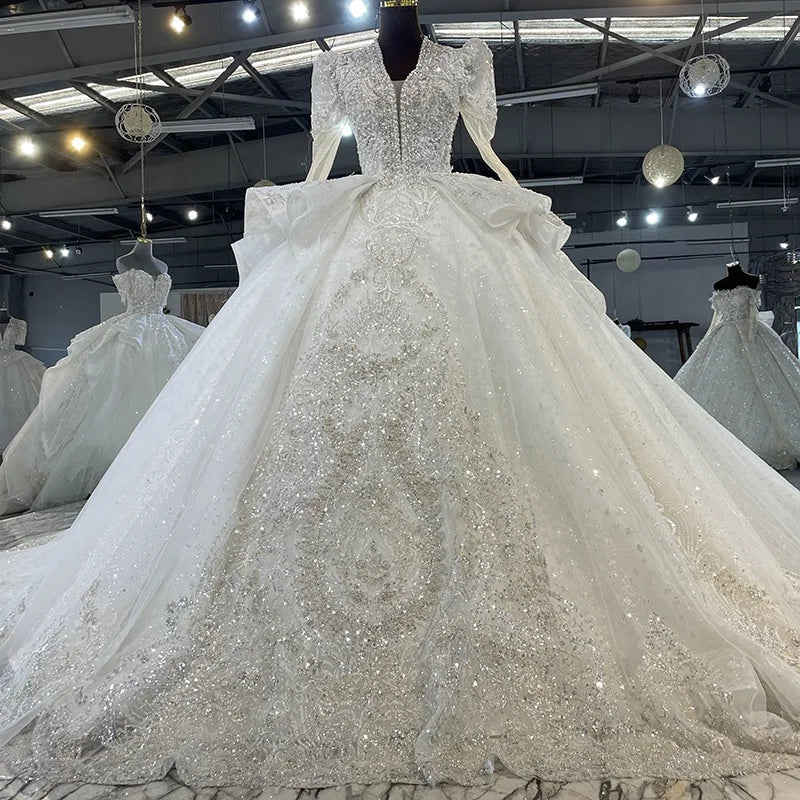 Jancember MN117 V-Neck Long Sleeve Luxury Sequined Bridal Gowns Wedding Dress for Women