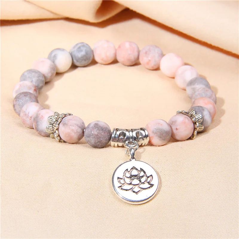 8mm Pink Zebra Bracelet Lotus Pendant Yoga Balancing Reiki Stretch Crystal Bracelets Natural Stone Beaded Bracelet Gift