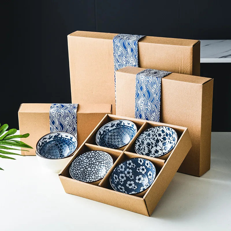 Factory Direct 6 Pcs/set Japanese Antique Rice Bowls Gift Set Custom Label Ceramic Round Bowl with Chopsticks