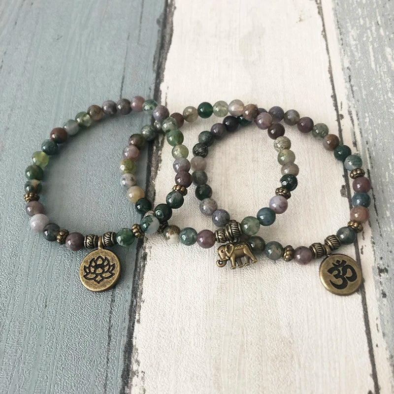 6MM India Agate Stone Beaded OM Lotus Elephant Bracelet Mala Bracelets Yoga Reiki Bracelet
