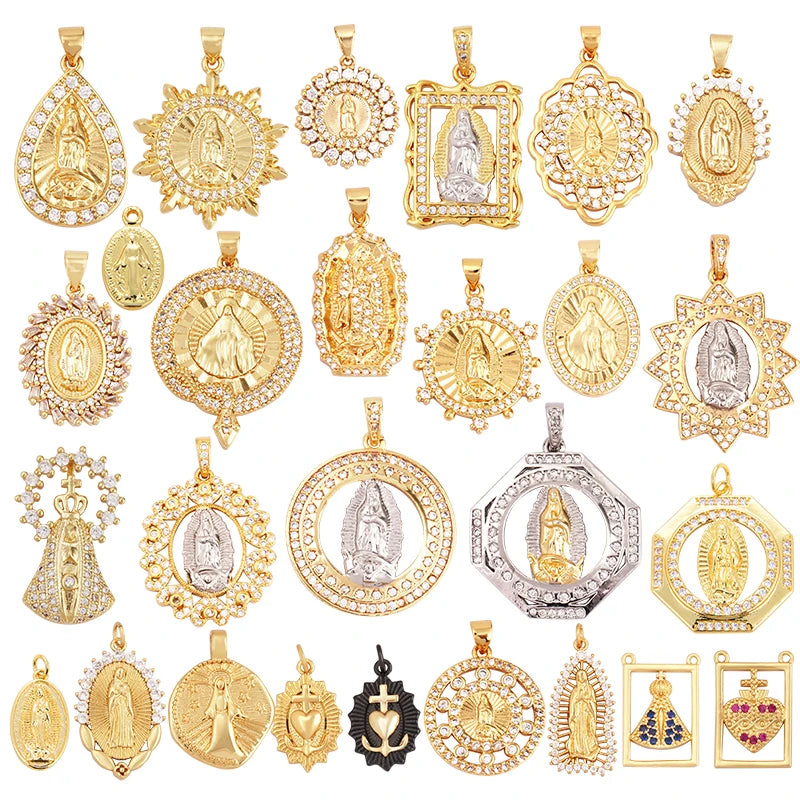 Religious Stye Jesus Virgin Mary Charm Geometry PendantHoly 18K Gold Inlaid Cubic Zirconia Jewelry Necklace Accessories M14
