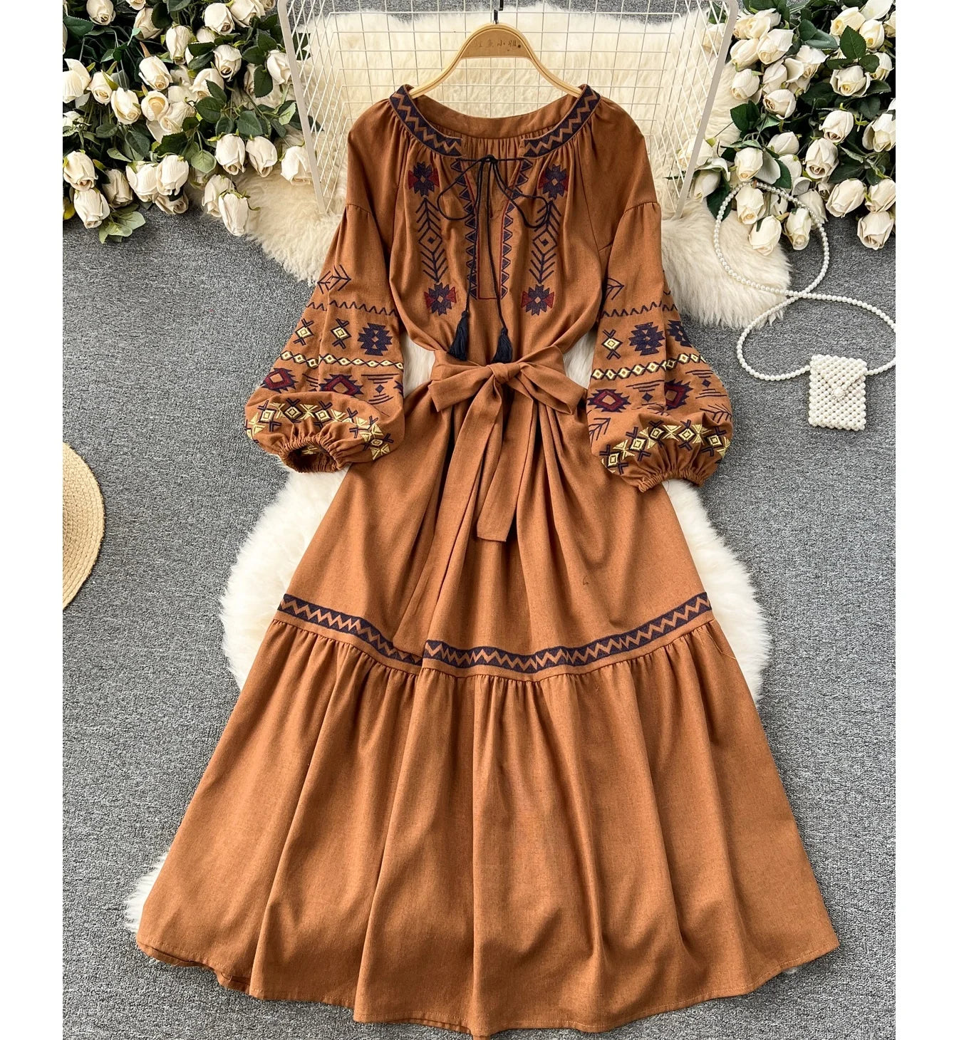 New Embroidery Embroidery Floral Long Sleeve Ethnic Dress Women National Dresses Vestidos Clothes