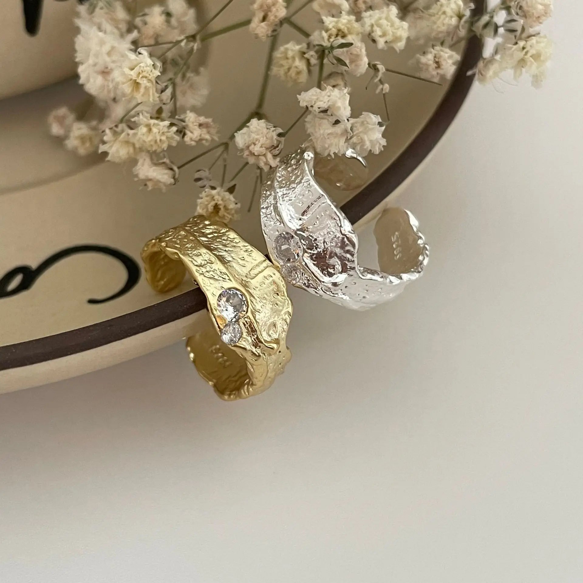Korea Fashion 18K Gold Plated Cubic Zirconia Textured Band Rings Hot Sale 925 Pure Silver CZ Wide Irregular Open Rings