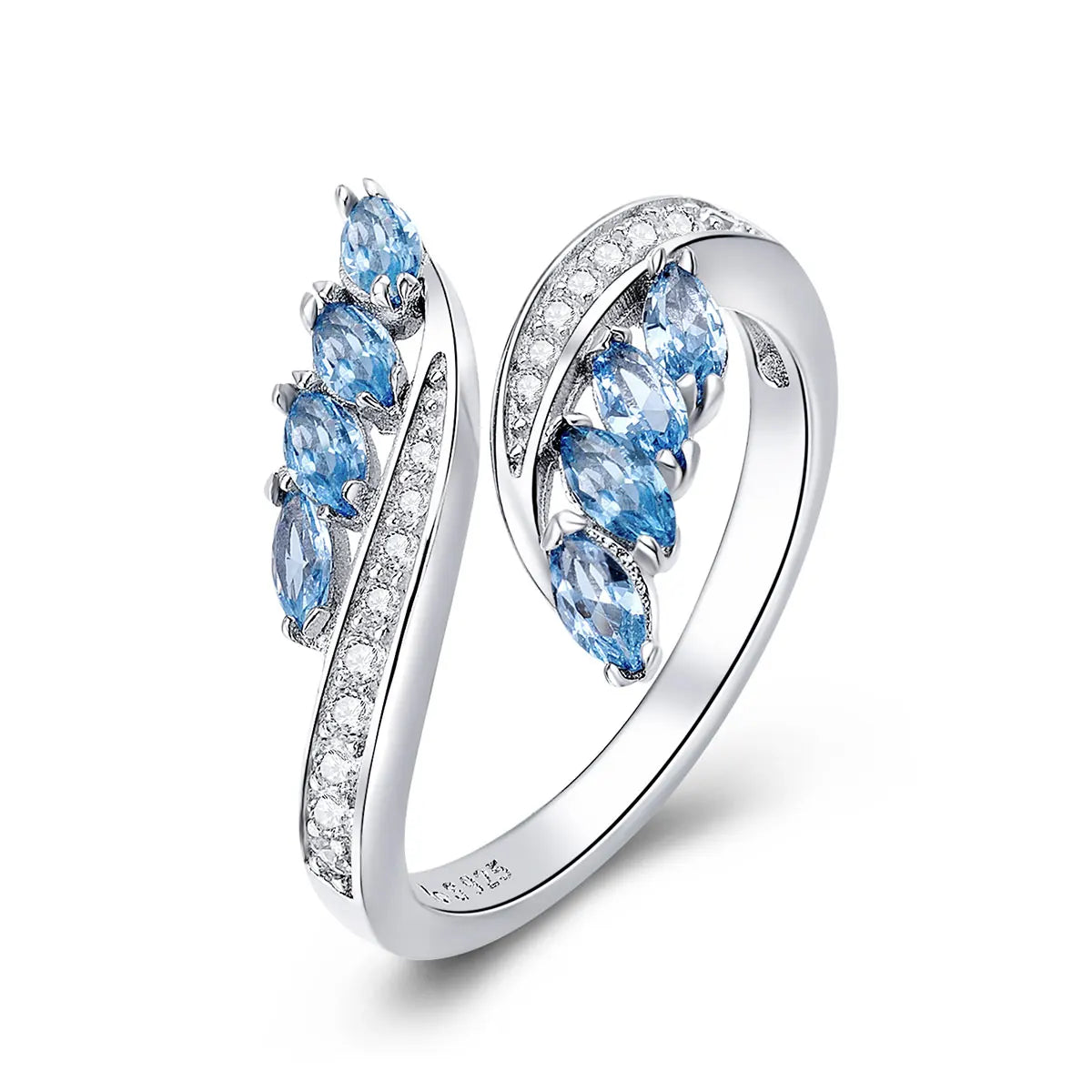 925 Sterling Silver Willow Shape Light Blue CZ Finger Rings for Women Statement Adjustable Ring Elegant Jewelry BSR005