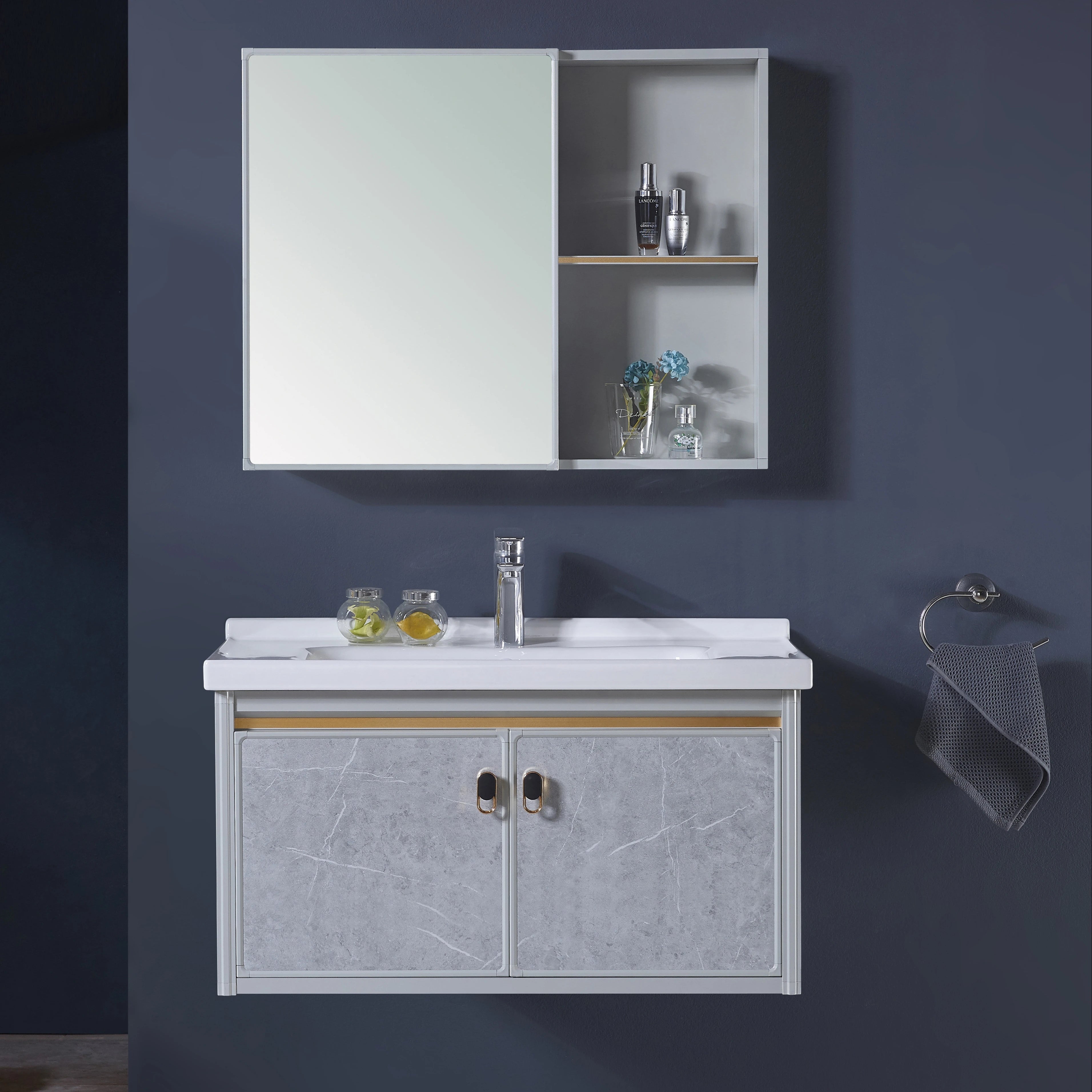 Luxury Aluminum Bathroom Cabinet with Wall-hung Sink and Mirror Vanity Hotel Use Drainer Included