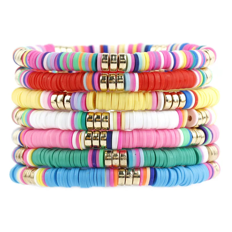 Beach Bohemian Soft Polymer Clay Beads Beaded Elastic Cord Metal Gold Bead Charm Fashion Jewellery Bracelet Jewelry Women